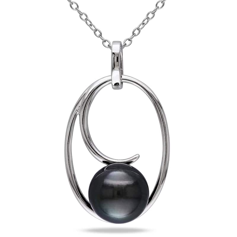 Miadora Sterling Silver Tahitian Black Pearl Necklace (9-10 mm)