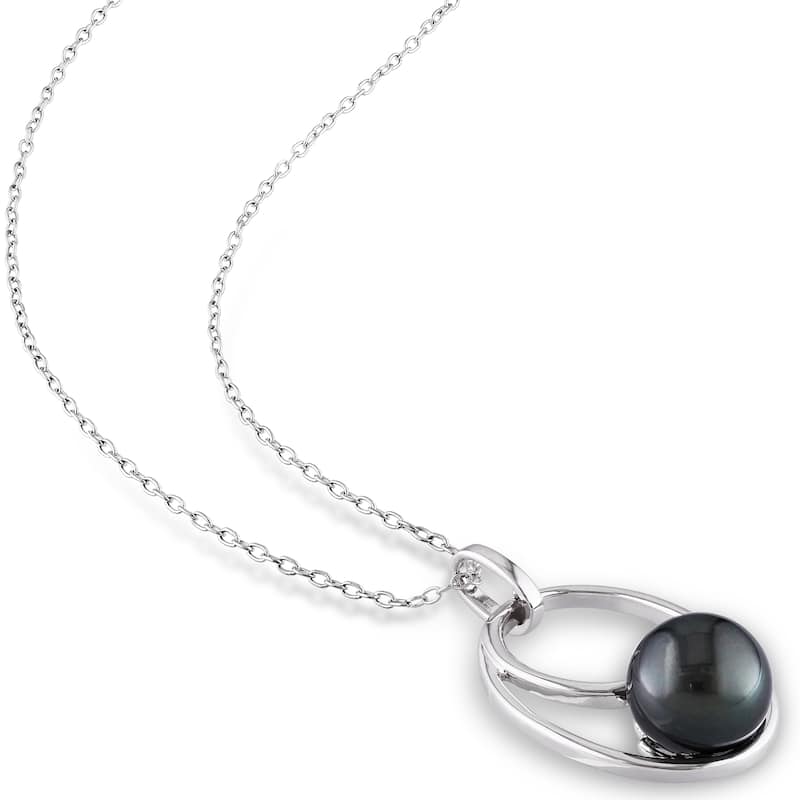 Miadora Sterling Silver Tahitian Black Pearl Necklace (9-10 mm)