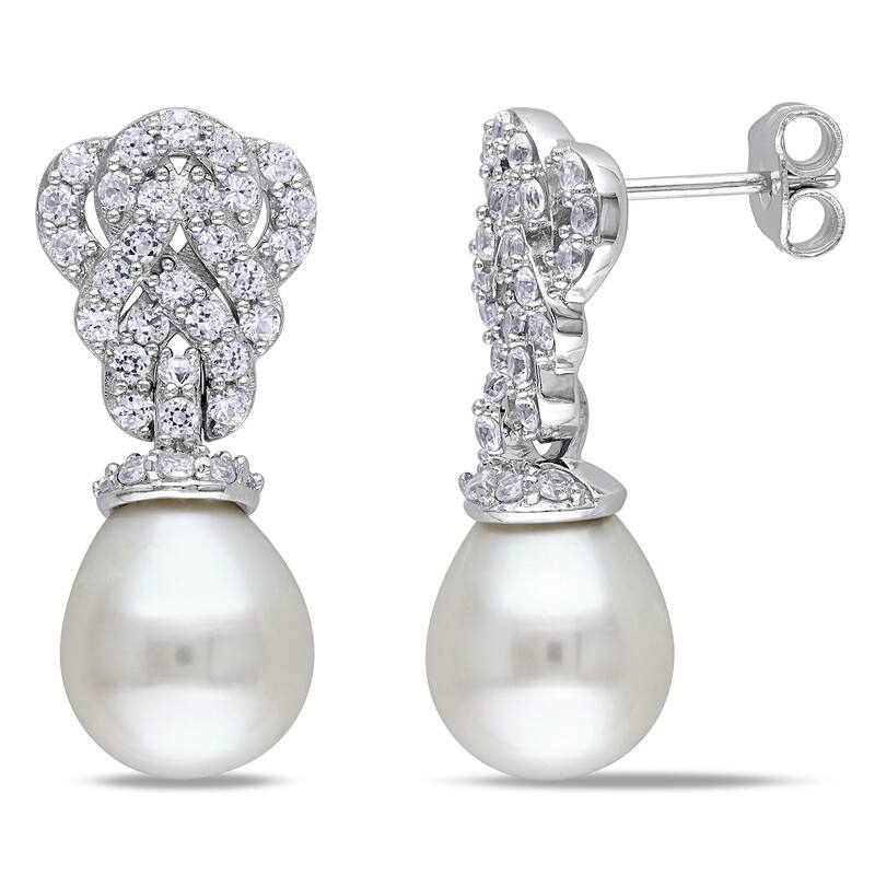 Miadora Sterling Silver Cultured Freshwater Pearl and Created White Sapphire Earrings (9-9.5 mm)