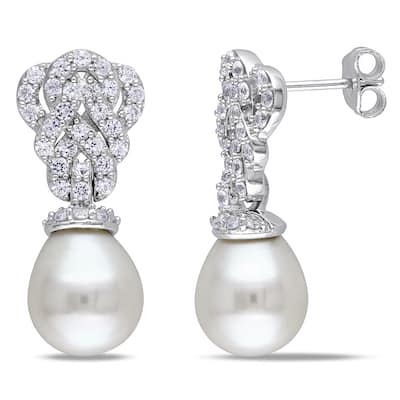 Miadora Sterling Silver Cultured Freshwater Pearl and Created White Sapphire Earrings (9-9.5 mm)