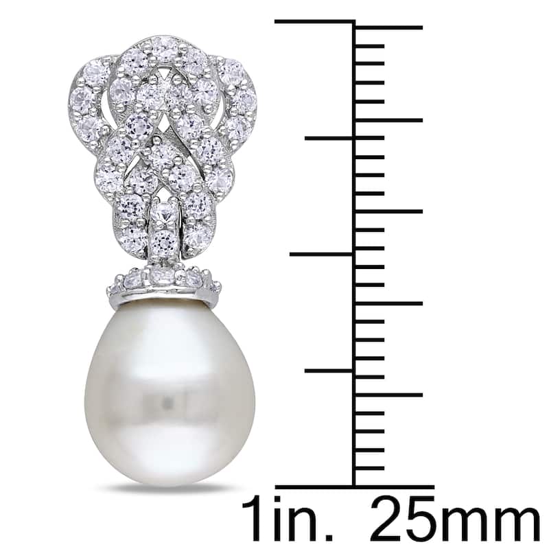 Miadora Sterling Silver Cultured Freshwater Pearl and Created White Sapphire Earrings (9-9.5 mm)