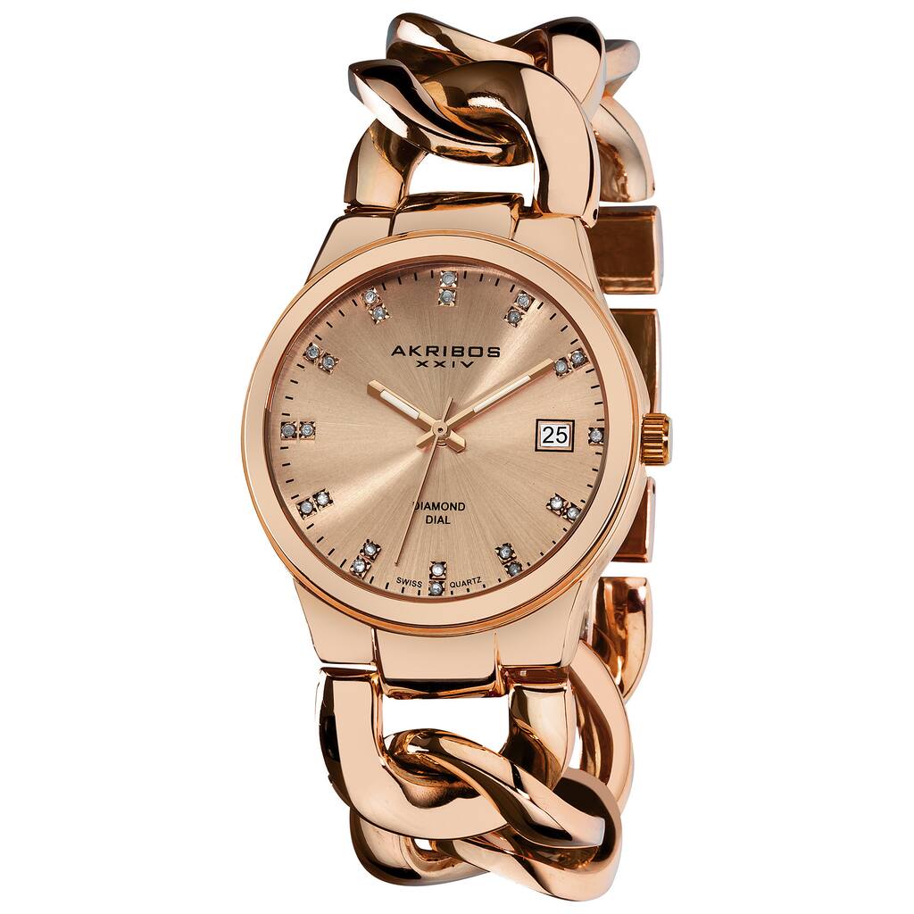 Akribos XXIV Women's Swiss Quartz Diamond Twist Chain Rose-Tone Bracelet Watch