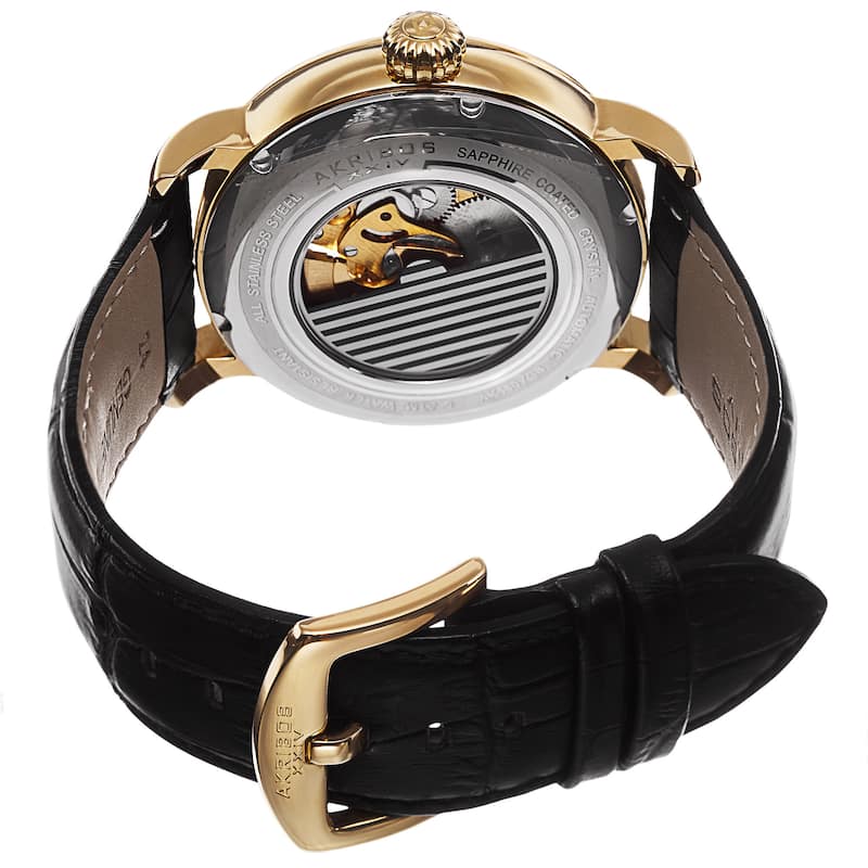 Akribos XXIV Men's Mechanical Skeleton Round Leather Gold-Tone Strap Watch
