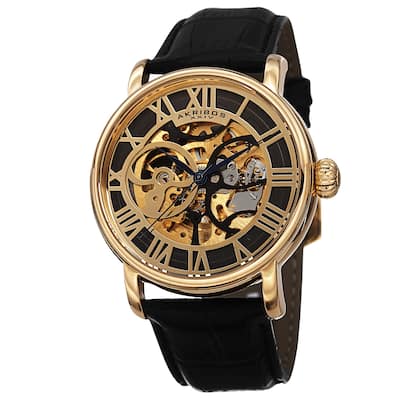 Akribos XXIV Men's Mechanical Skeleton Round Leather Gold-Tone Strap Watch