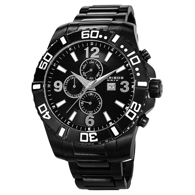 Akribos XXIV Men's Quartz Stainless Steel Multifunction Dual-Time Black Bracelet Watch