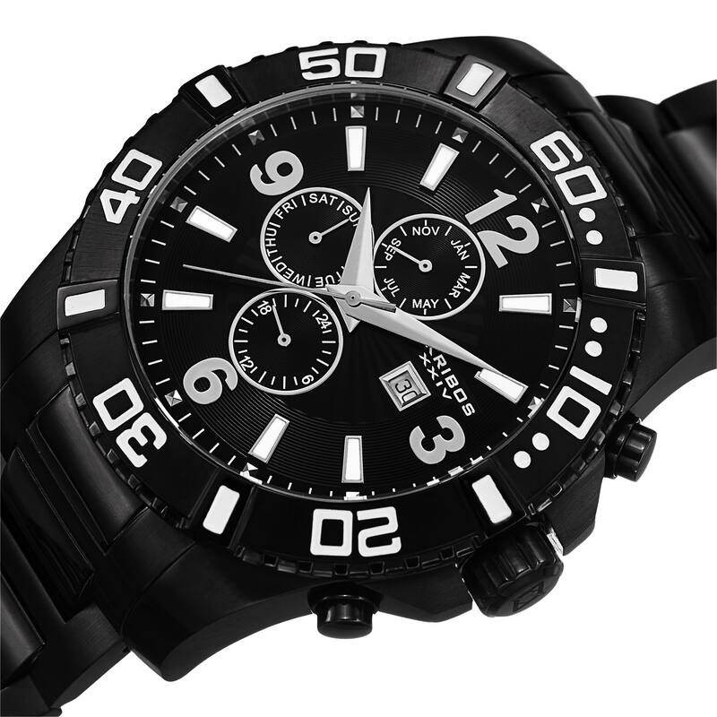 Akribos XXIV Men's Quartz Stainless Steel Multifunction Dual-Time Black Bracelet Watch