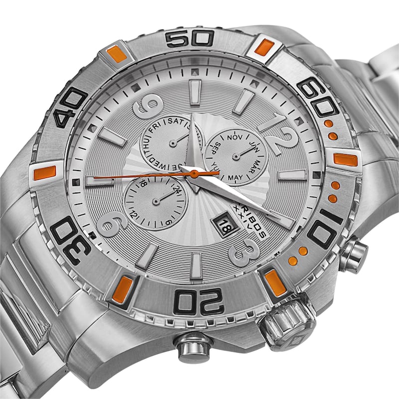 Akribos XXIV Men's Quartz Stainless Steel Multifunction Dual-Time Silver-Tone Bracelet Watch