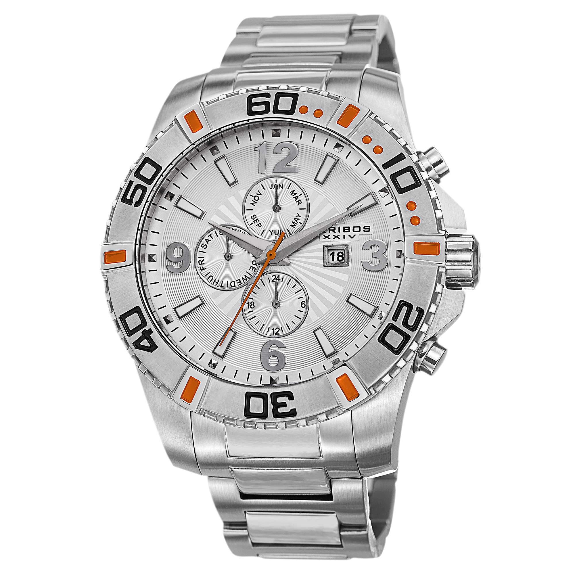 Akribos XXIV Men's Quartz Stainless Steel Multifunction Dual-Time Silver-Tone Bracelet Watch