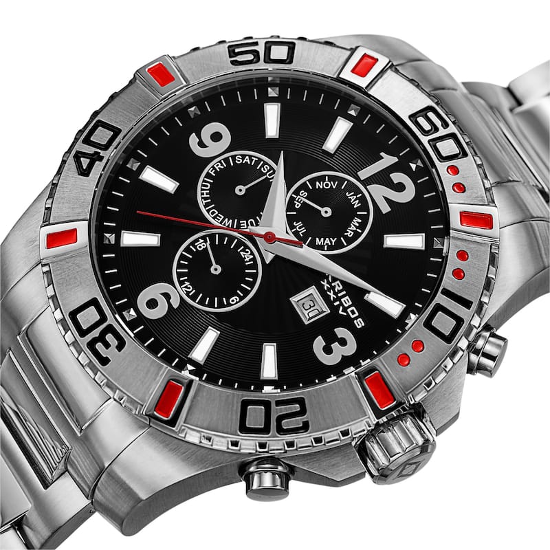 Akribos XXIV Men's Quartz Stainless Steel Multifunction Dual-Time Silver-Tone Bracelet Watch