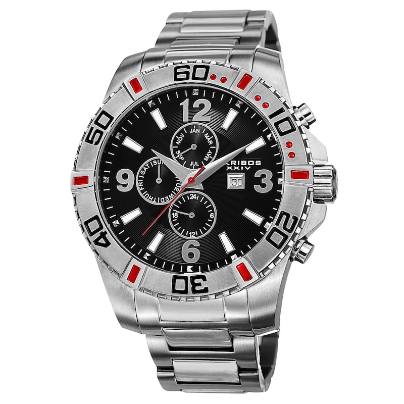 Akribos XXIV Men's Quartz Stainless Steel Multifunction Dual-Time Silver-Tone Bracelet Watch