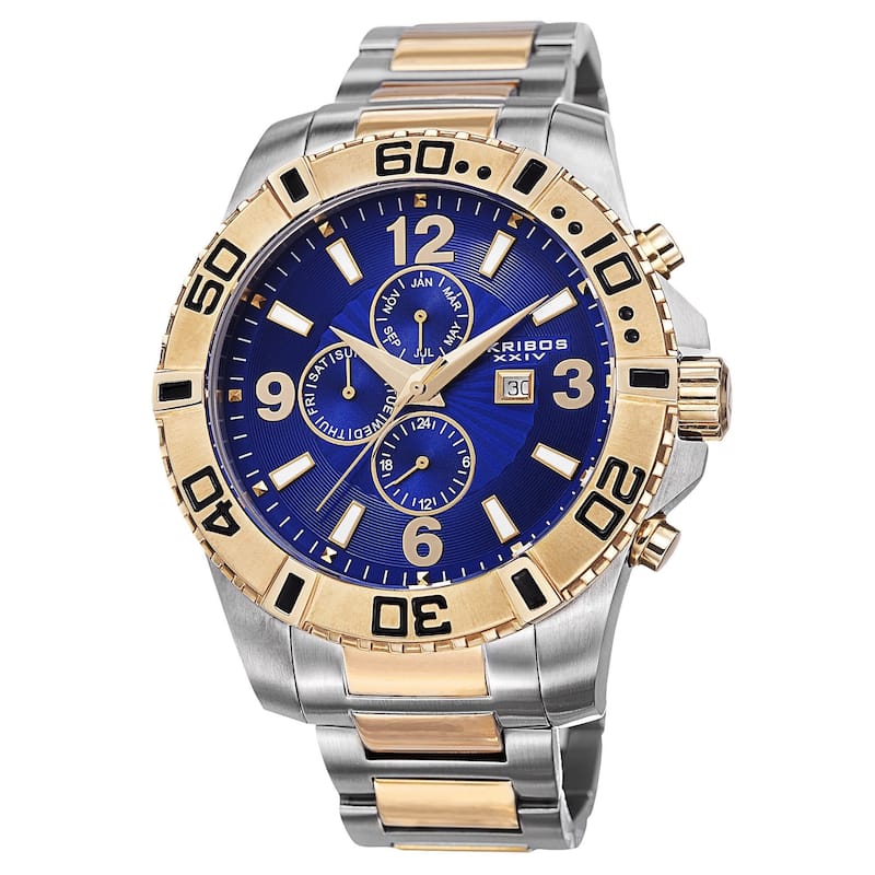 Akribos XXIV Men's Quartz Stainless Steel Multifunction Dual-Time Two-Tone Bracelet Watch