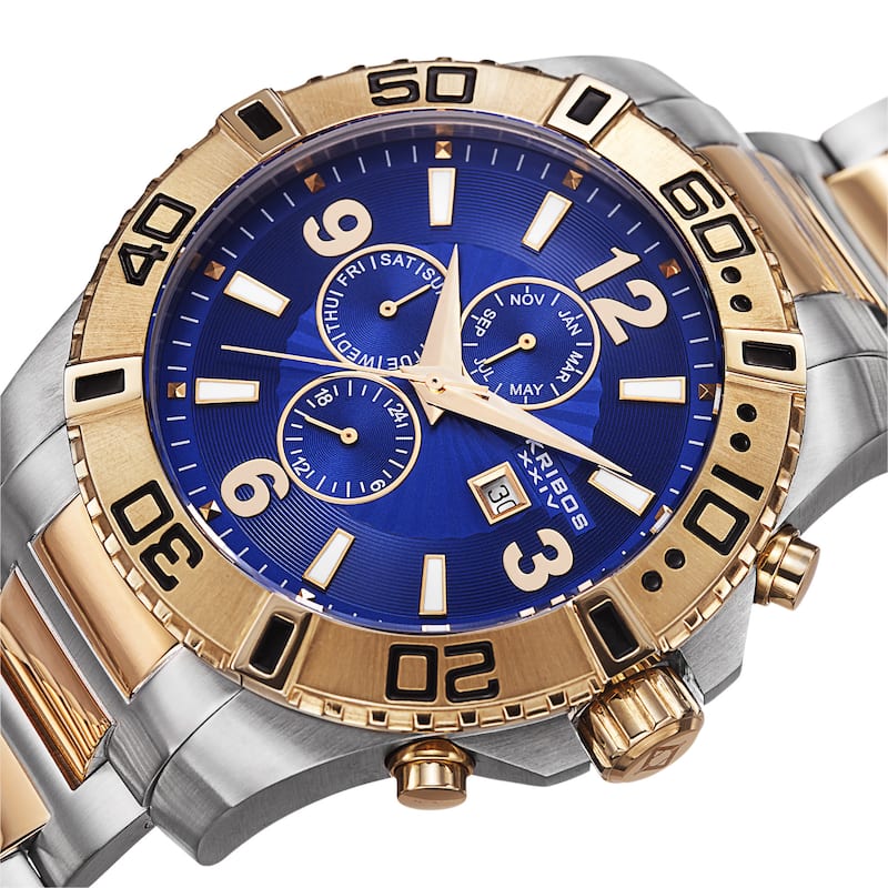 Akribos XXIV Men's Quartz Stainless Steel Multifunction Dual-Time Two-Tone Bracelet Watch