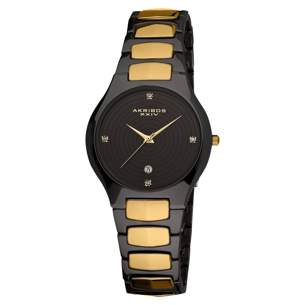 Akribos XXIV Women's Quartz Crystal Markers Slim Ceramic Black Bracelet Watch