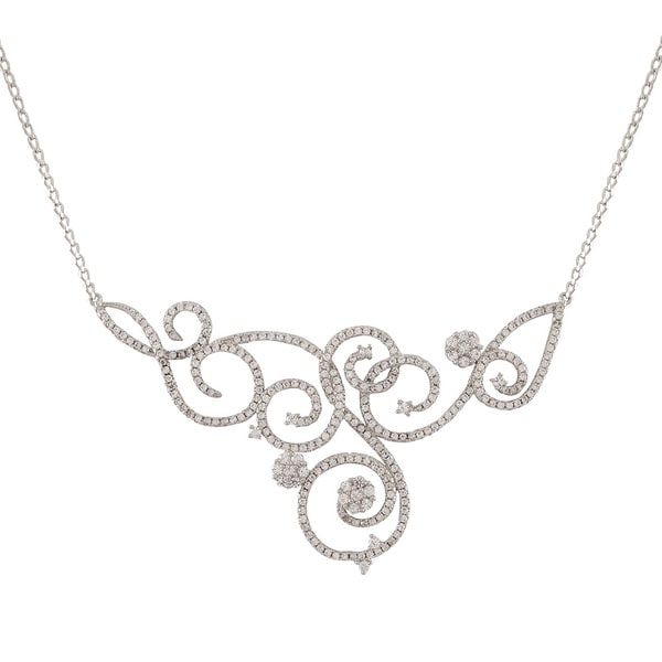 Luxiro Sterling Silver Wedding and Bridal Filigree Statement Bib Cubic Zirconia Necklace