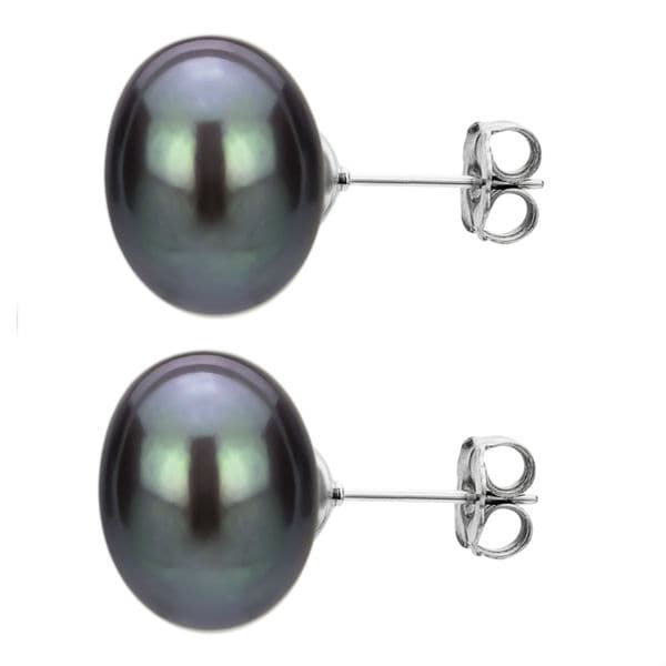 Sterling Silver 11-12mm Black Freshwater Cultured Button Pearl Stud Earrings