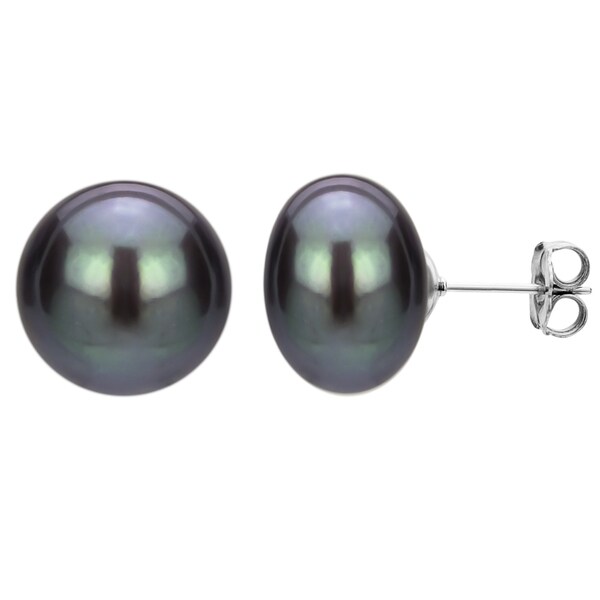Sterling Silver 11-12mm Black Freshwater Cultured Button Pearl Stud Earrings