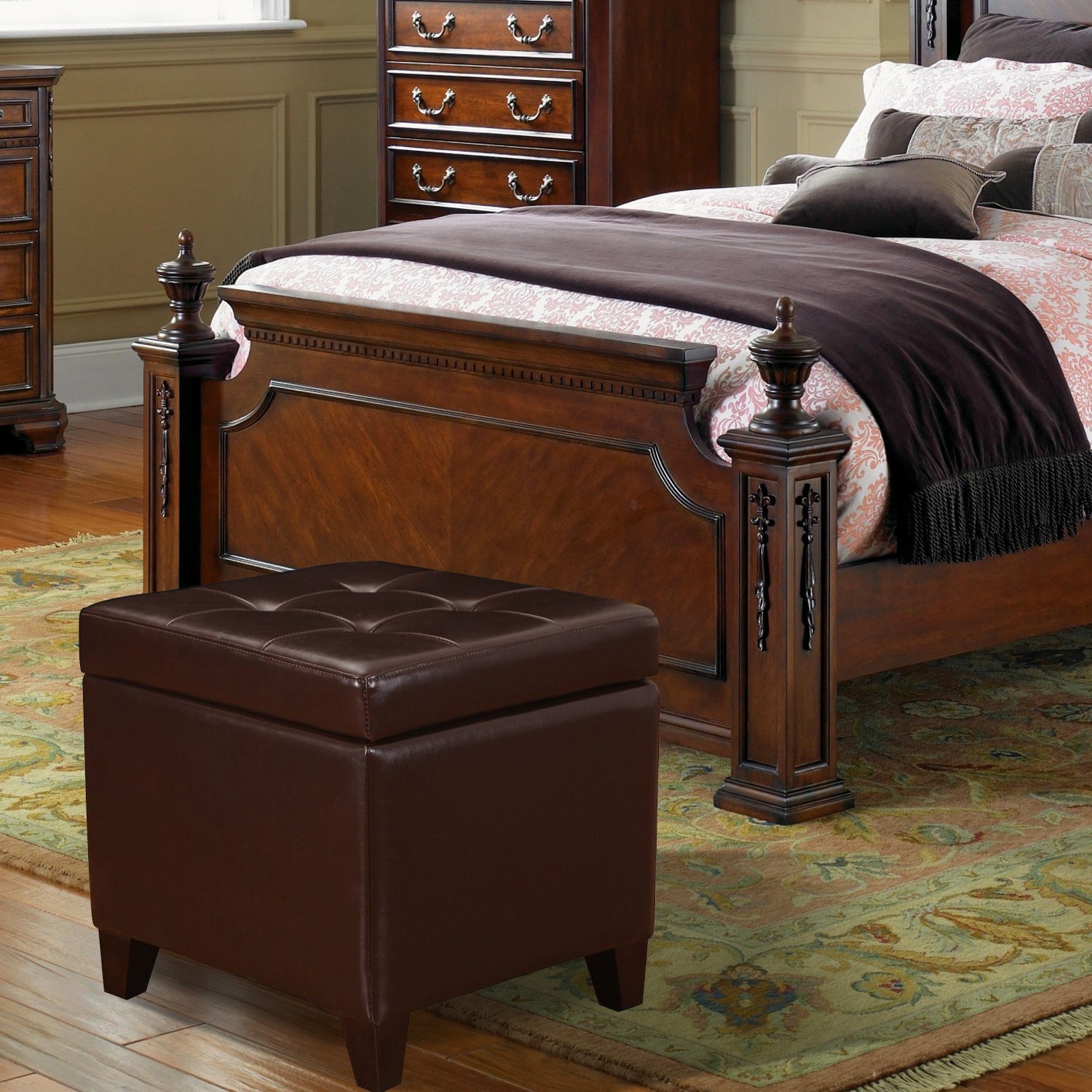 Adeco Adeco Bonded Leather Square Tufted Storage Ottoman Footstool Brown 18 brown