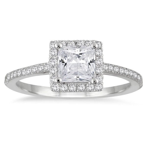 14k White Gold 1ct TDW Princess-cut Diamond Halo Ring
