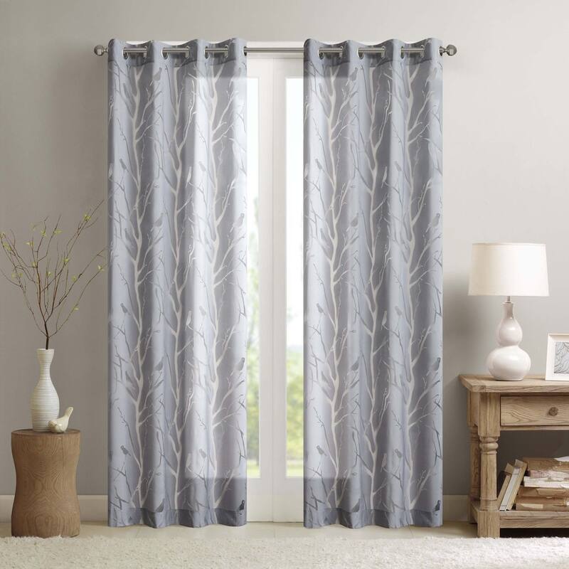 Madison Park Vina Grommet Top Sheer Bird on Branches Burnout Window Curtain - 50"W x 63"L - Grey