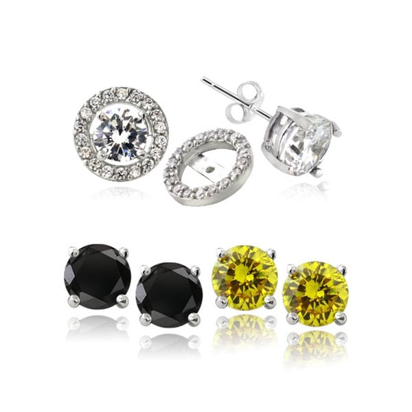 Icz Stonez Sterling Silver Black Clear And Yellow Cubic Icz Stonez Sterling Silver Black Clear And Yellow Cubic Zirconia Stud Earrings With Halo