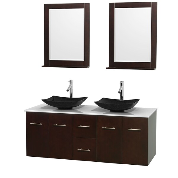 Wyndham Collection Centra 60-inch Double Bathroom Vanity in Espresso, w/ Mirrors (Black Granite, Ivory Marble or White Carrera)