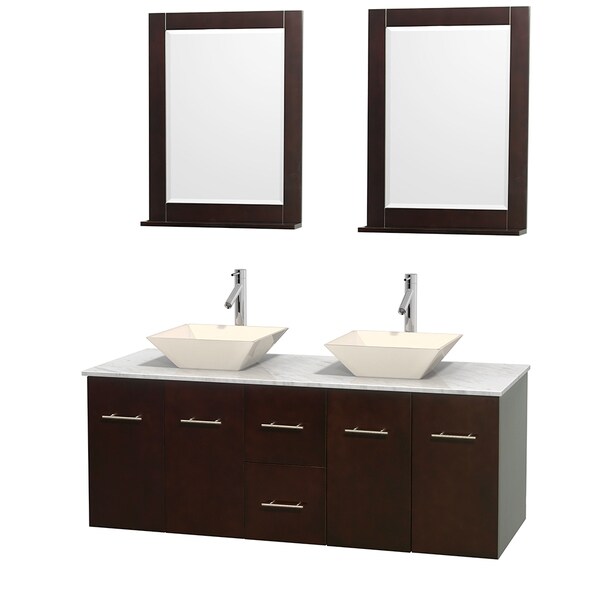 Wyndham Collection Centra Espresso 60-inch Double Carrera Marble Bathroom Vanity with Mirrors