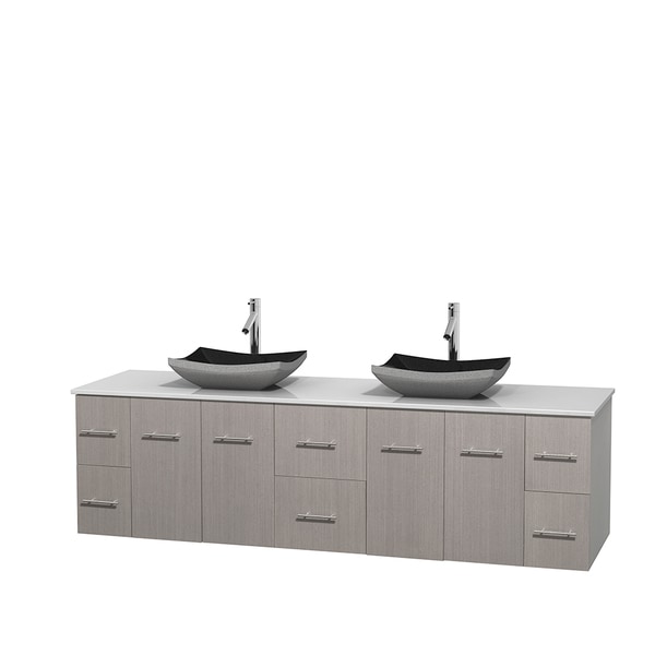 Wyndham Collection Centra 80-inch Double Bathroom Vanity in Grey Oak, No Mirror (Black Granite, Ivory Marble or White Carrera)
