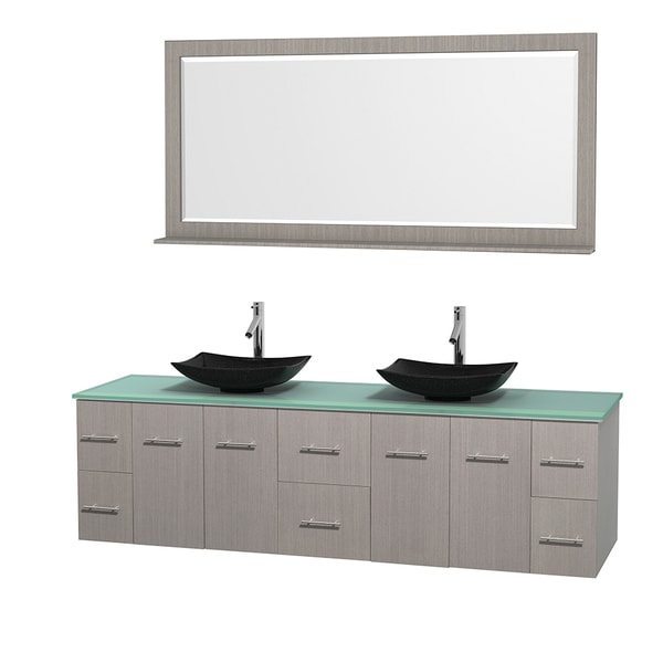 Wyndham Collection Centra 80-inch Double Bathroom Vanity in Grey Oak, w/ Mirror (Black Granite, Ivory Marble or White Carrera)