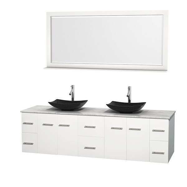 Wyndham Collection Centra 80-inch Double Bathroom Vanity in White, w/ Mirror (Black Granite, Ivory Marble or White Carrera)