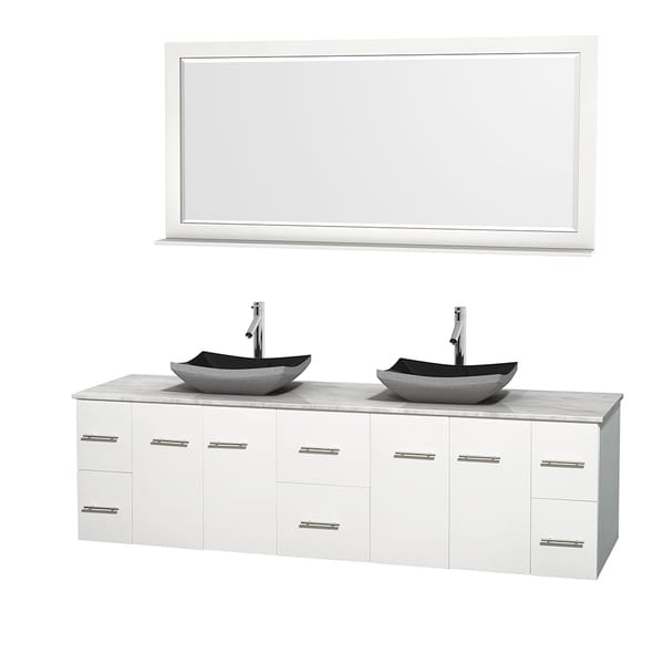 Wyndham Collection Centra 80-inch Double Bathroom Vanity in White, w/ Mirror (Black Granite, Ivory Marble or White Carrera)