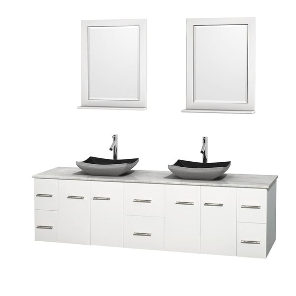 Wyndham Collection Centra 80-inch Double Bathroom Vanity in White, w/ Mirrors (Black Granite, Ivory Marble or White Carrera)