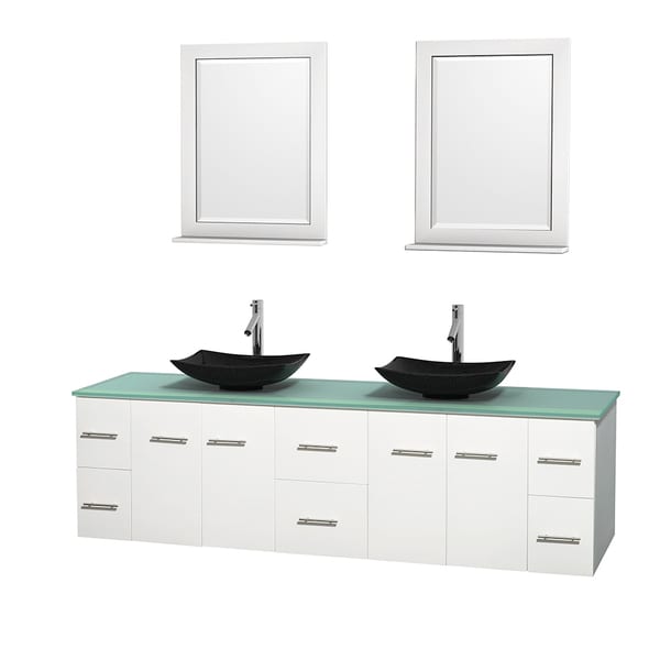 Wyndham Collection Centra 80-inch Double Bathroom Vanity in White, w/ Mirrors (Black Granite, Ivory Marble or White Carrera)
