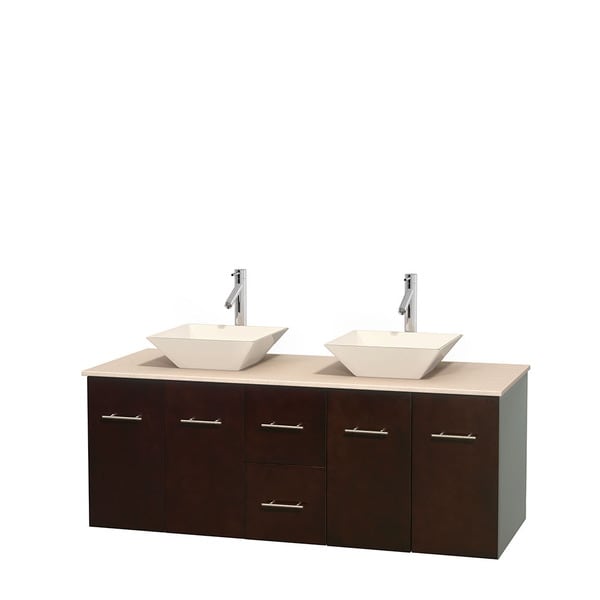 Wyndham Collection Centra 60-inch Double Bathroom Vanity in Espresso, No Mirror (Bone Porcelain or White Porcelain)