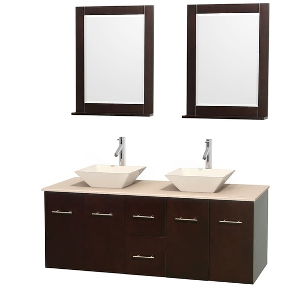 Wyndham Collection Centra 60-inch Double Bathroom Vanity in Espresso, w/ Mirrors (Bone Porcelain or White Porcelain)