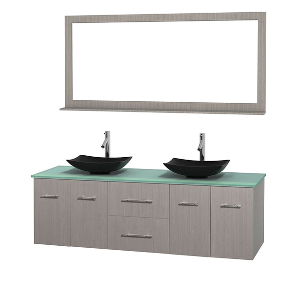 Wyndham Collection Centra Grey Oak 72-inch Double Green Glass Bathroom Vanity with Mirror