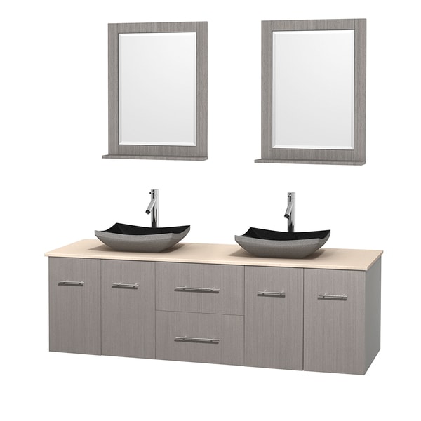 Wyndham Collection Centra Grey Oak 72-inch Double Ivory Marble Bathroom Vanity with Mirrors