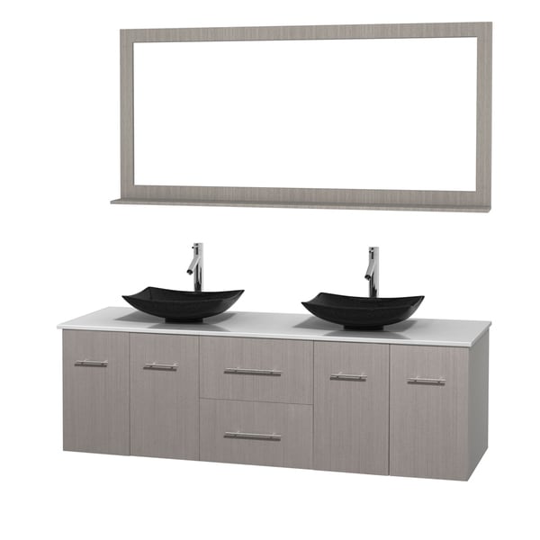 Wyndham Collection Centra Grey Oak 72-inch Double White Man-made Stone Bathroom Vanity with Mirror