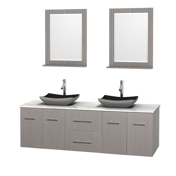 Wyndham Collection Centra 72-inch Double Bathroom Vanity in Grey Oak, w/ Mirrors (Black Granite, Ivory Marble or White Carrera)