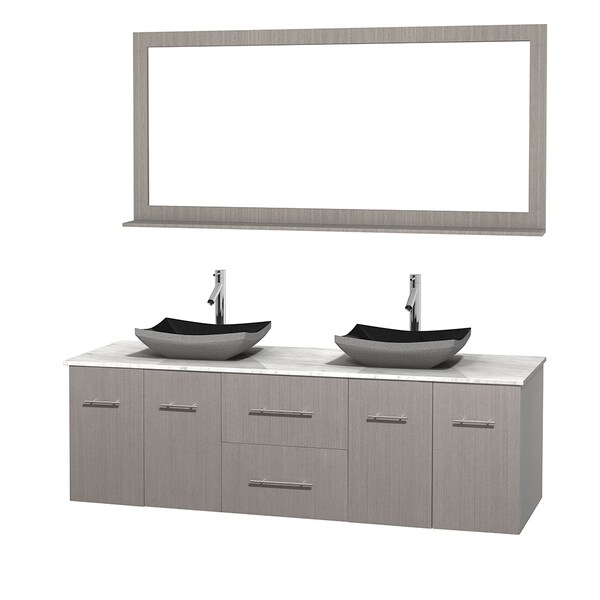 Wyndham Collection Centra 72-inch Double Bathroom Vanity in Grey Oak, w/ Mirror (Black Granite, Ivory Marble or White Carrera)