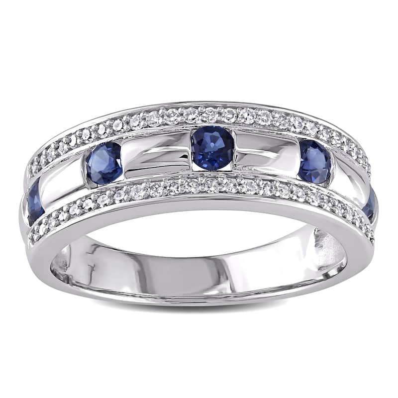 Miadora Signature 10k White Gold Men's 1/ 4ct TDW Diamond and Sapphire Anniversary Band (G-H, I1-I2) - 9
