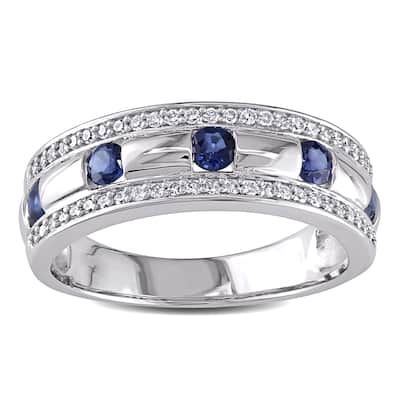 Miadora Signature 10k White Gold Men's 1/ 4ct TDW Diamond and Sapphire Anniversary Band (G-H, I1-I2)