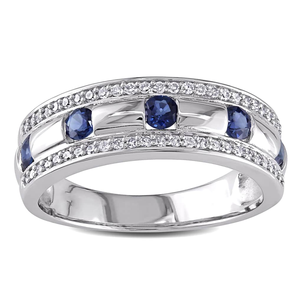 Miadora Signature 10k White Gold Men's 1/ 4ct TDW Diamond and Sapphire Anniversary Band (G-H, I1-I2)
