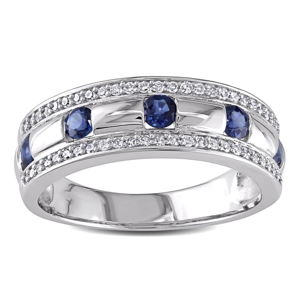 Miadora Signature 10k White Gold Men's 1/ 4ct TDW Diamond and Sapphire Anniversary Band (G-H, I1-I2)