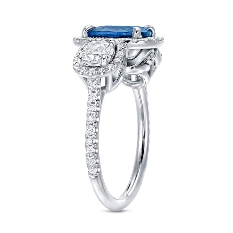 Auriya 3ct Cushion Cut Blue Sapphire and 1 2/5ctw Halo Diamond Engagement Ring 14k White Gold (H-I, SI1-SI2)