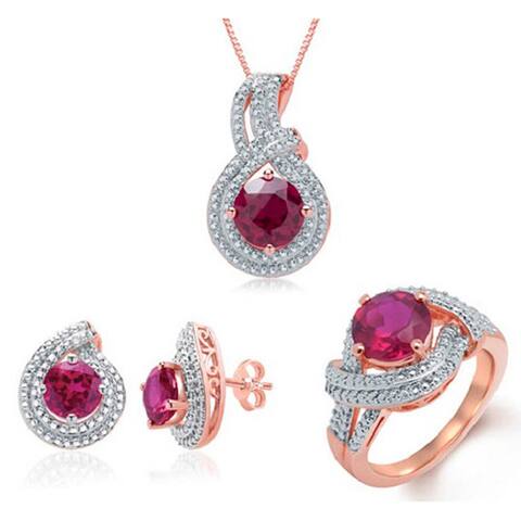 Divina Rose Gold over Brass Created Red Ruby/ White Diamond Accent Jewelry Set