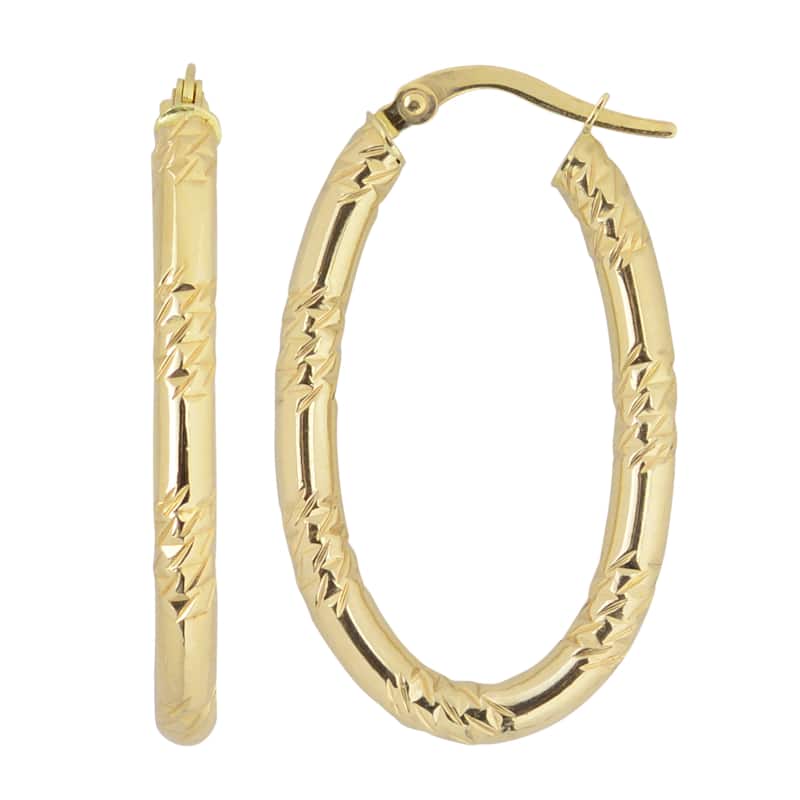 Fremada 10k Yellow Gold Diamond-cut and High Polish Oval Hoop Earrings