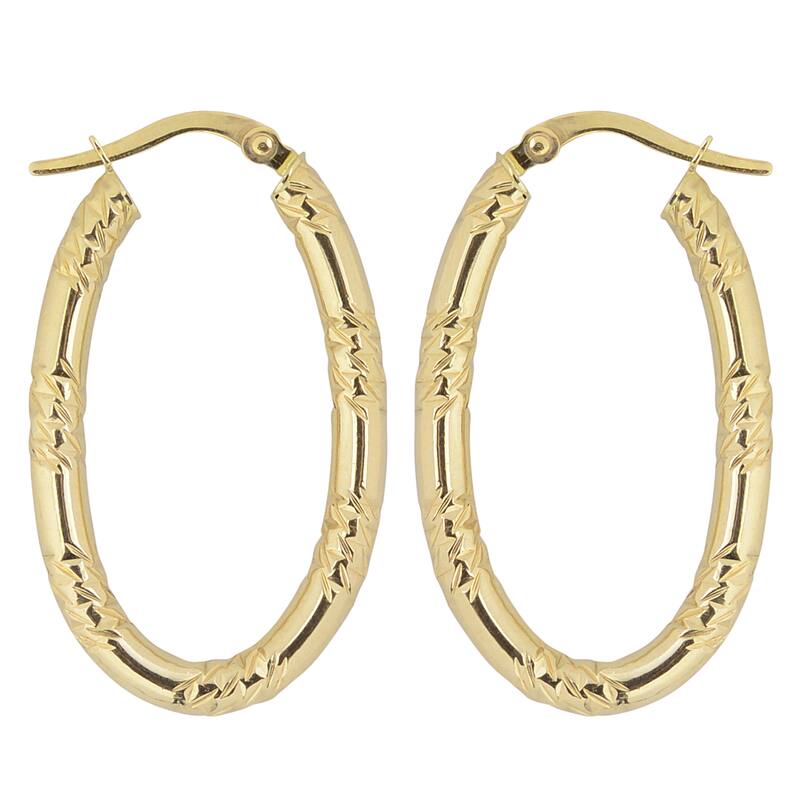Fremada 10k Yellow Gold Diamond-cut and High Polish Oval Hoop Earrings