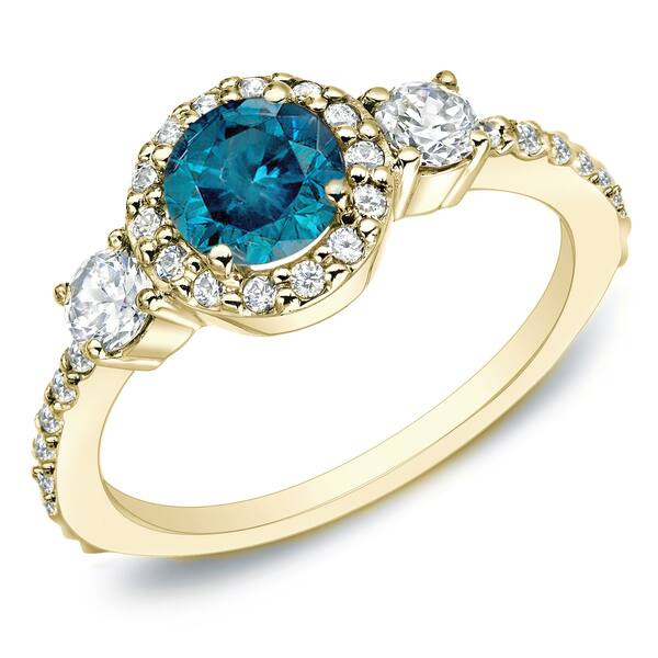 slide 1 of 12, Auriya 3/4ctw 3-Stone Halo Blue Diamond Engagement Ring 14k Gold Yellow - 5.5