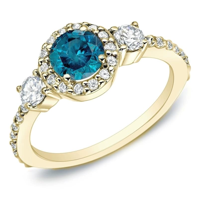 Auriya 1 1/4ctw 3-Stone Halo Blue Diamond Engagement Ring 14k Gold - Yellow - 4