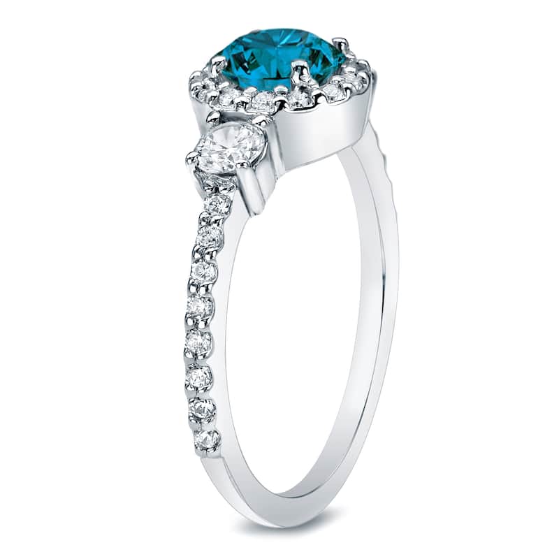 Auriya 1 1/4ctw 3-Stone Halo Blue Diamond Engagement Ring 14k Gold